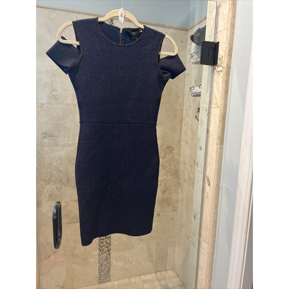 BCBGMAXAZRIA Monika Cold Shoulder Bandage Dress Blue Gold Shimmer XS
